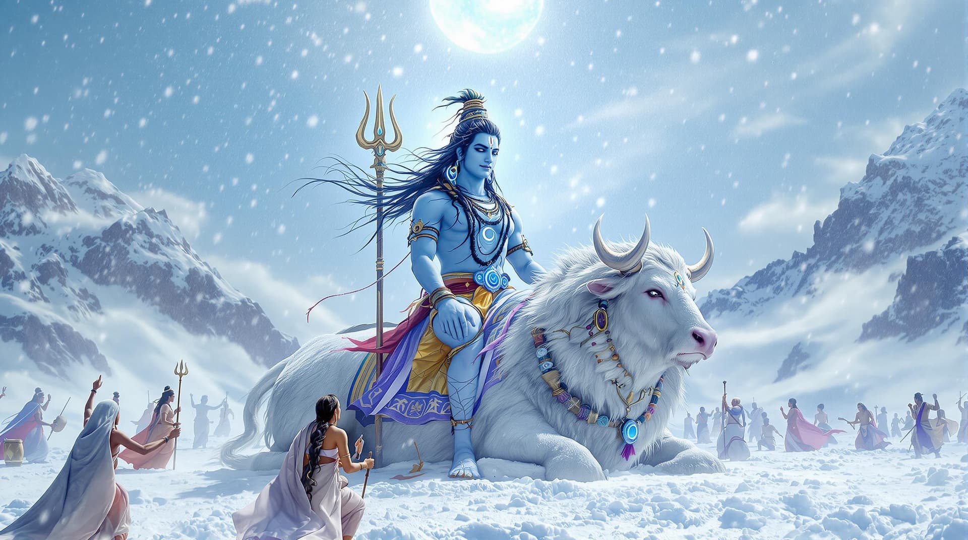 AI generated: 
Lord Shiva, in his majestic attire, is seated atop Nandi, his divine bull, in the middle of a vast ...
