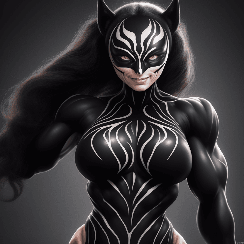 AI generated: 1 bodybuilder woman wearing symbiote with a wide jaw,  young beautiful face, soft face, full body vi...