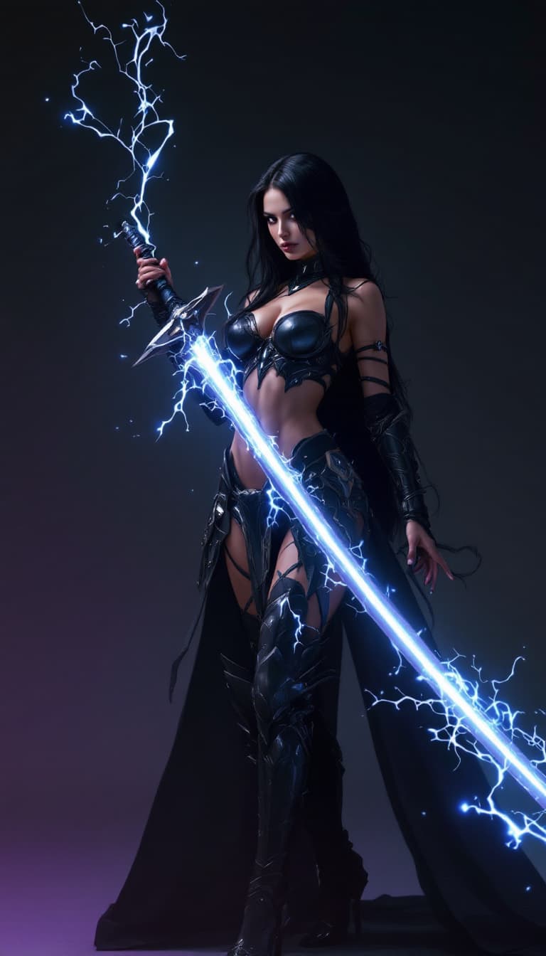 AI generated:  majestic full-body portrait of a breathtakingly beautiful girl with a long, glowing plasma sword, c...