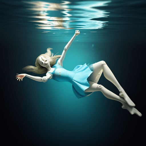 AI generated: alice floating horizontally under water.
realistic, not creepy
 arm pointing towards the surface
see...
