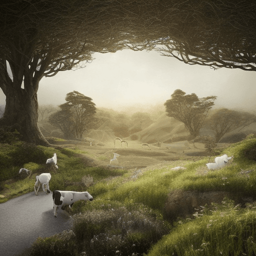 AI generated: 
Generate a hyperrealistic landscape photo capturing a sun-drenched New Zealand Dairy Farm, with a s...