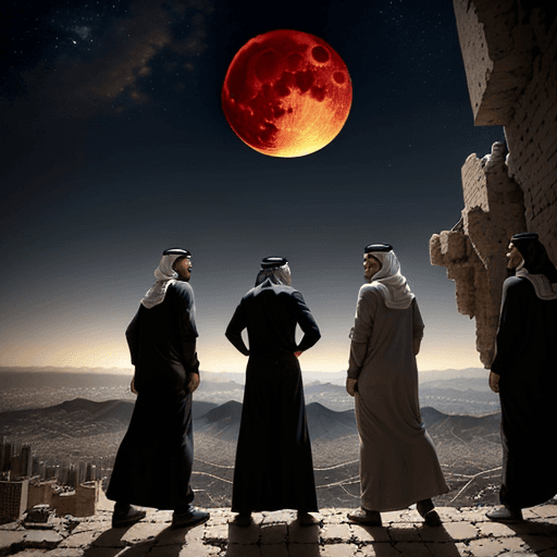 AI generated: Photo of 4 happy arab boys stands above a mountain,
they are looking the destroyed huge building , 1...