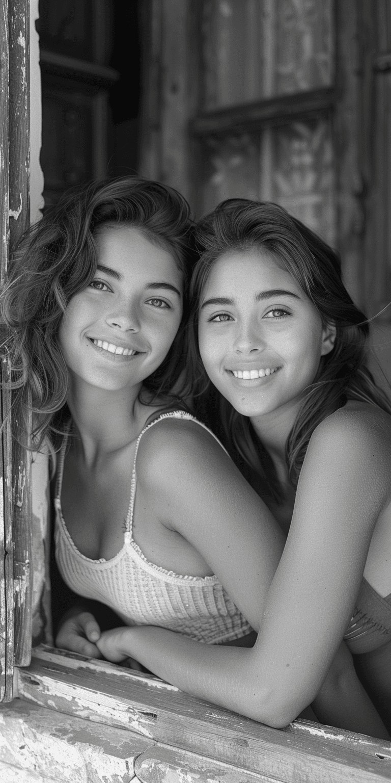 AI generated: Two young women smiling and looking at the camera, leaning out of an open window in black and white ...