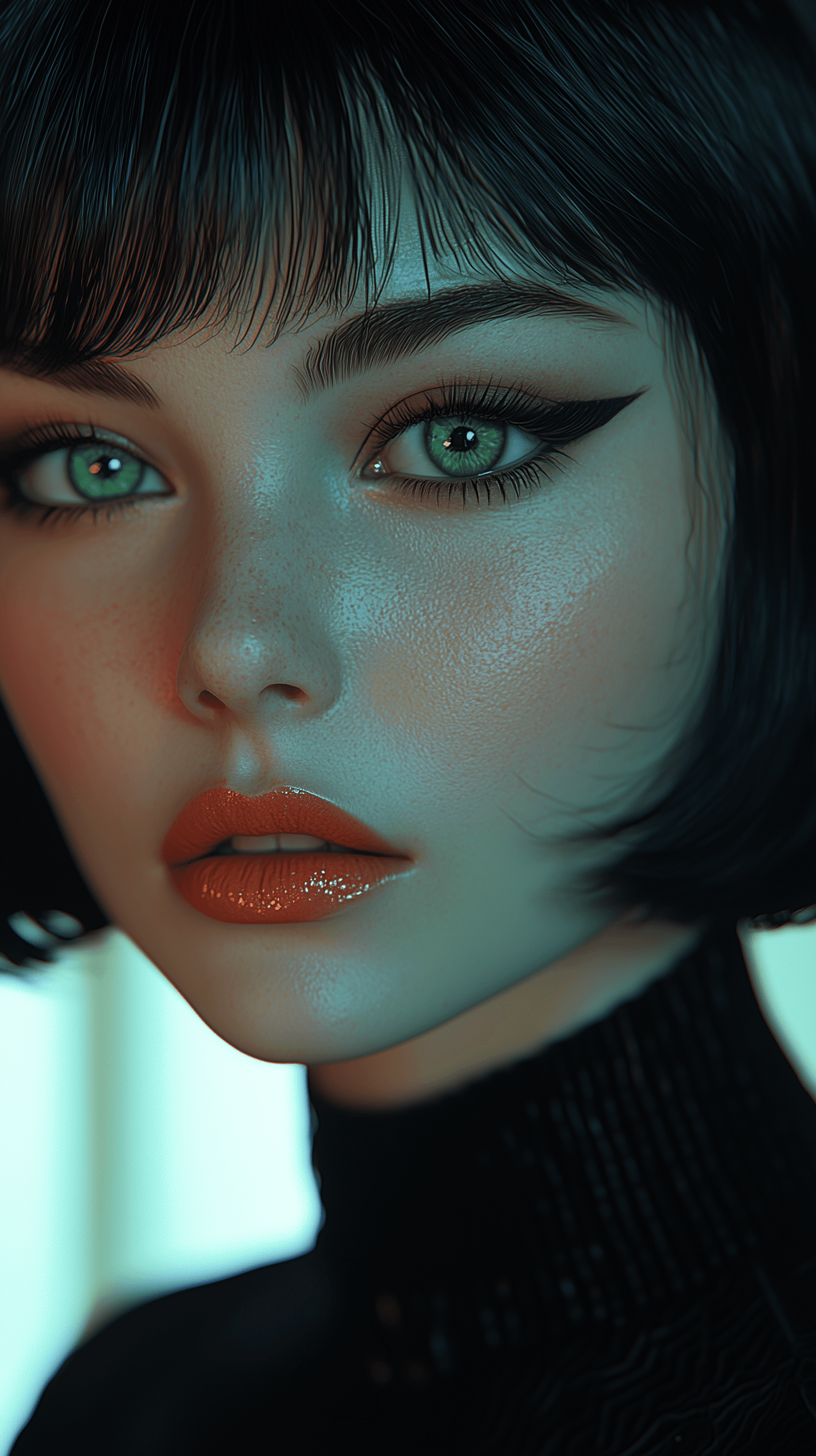 AI generated: portrait, front view, black straight sleek short hairstyle, glossy texture, bold makeup, profound em...
