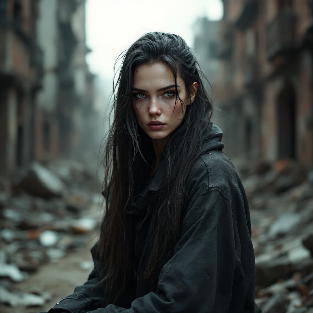 AI generated: RAW photo, a close up portrait photo of brutal 45 y.o woman in wastelander clothes, long haircut, pa...