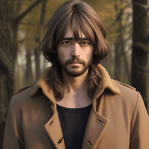 AI generated: shaggy shoulder length hair, brown coat, dead looking, fungus sprouting, man