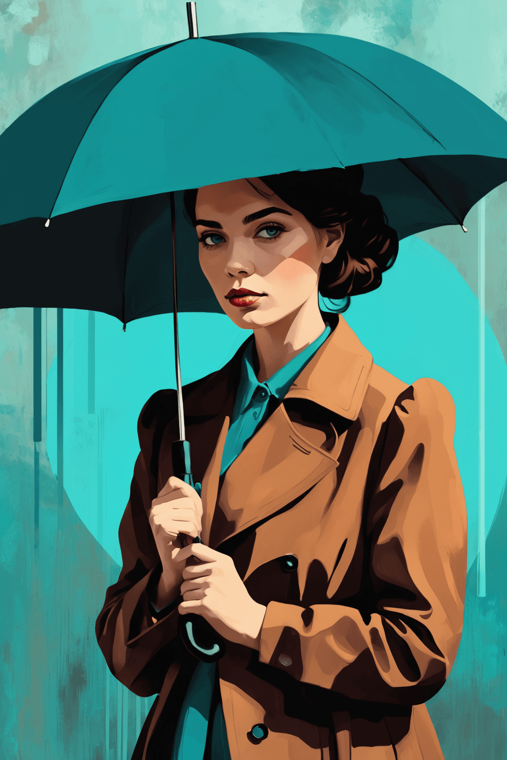 AI generated: Woman with umbrella, Digital painting, Contemporary era, Earthy and teal tones.