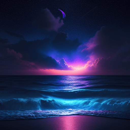 AI generated: neon light art, in the dark of night,  moonlit seas, clouds, moon, stars, colorful, detailed, 4k, ul...