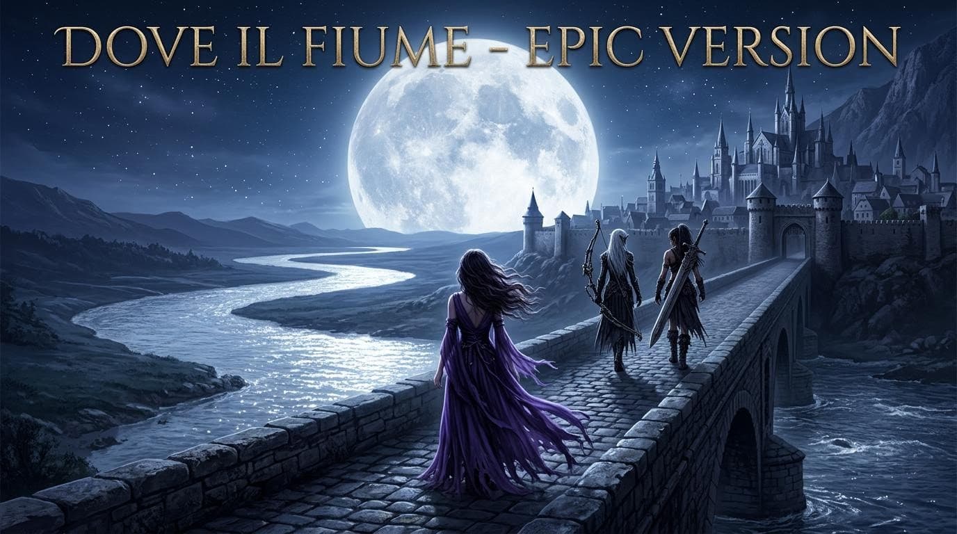AI generated: Cinematic fantasy album cover, 16:9 widescreen.

Moonlit night.

An ancient stone bridge crossing a ...