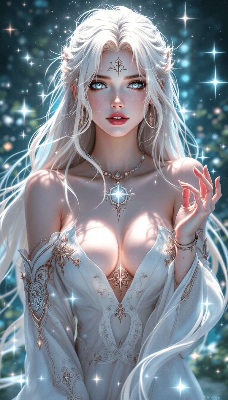 AI generated: The Celestial Rune Weaver: A serene and powerful being with long, platinum blonde hair that seems to...