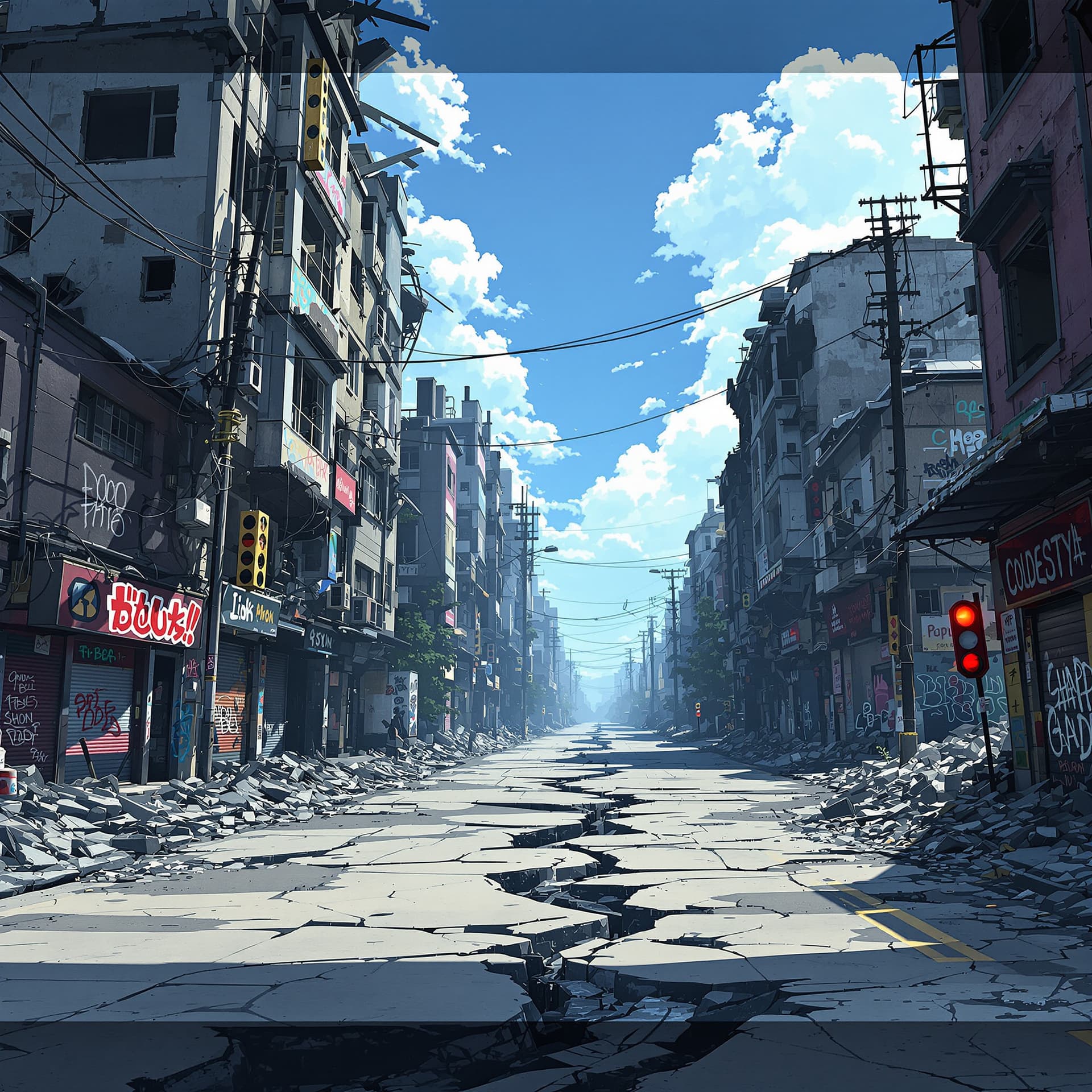 AI generated: very destroyed anime urban buildings with graffiti and cracks in the street, it's deserted with no p...