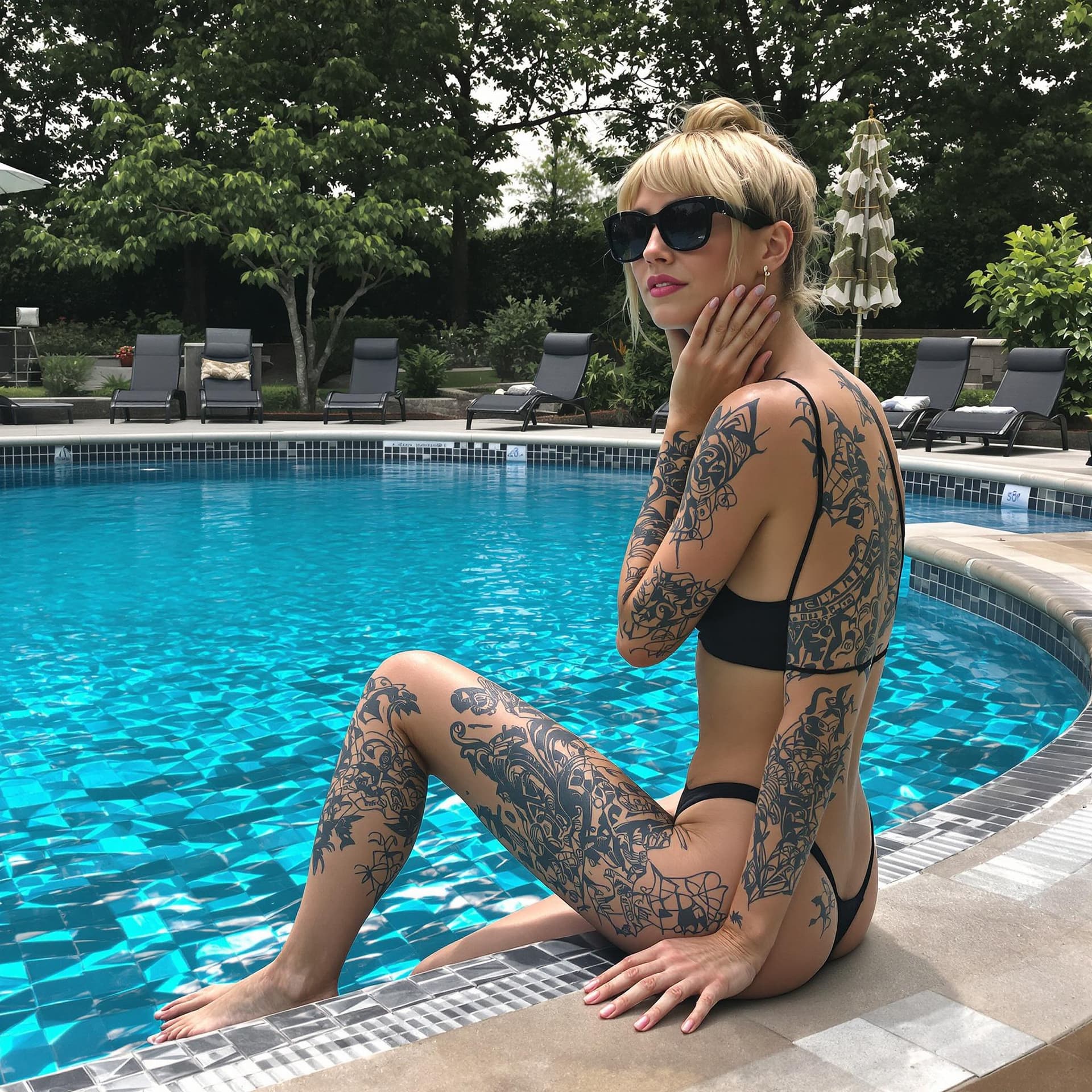 AI generated: arafed woman with tattoos sitting on the edge of a pool