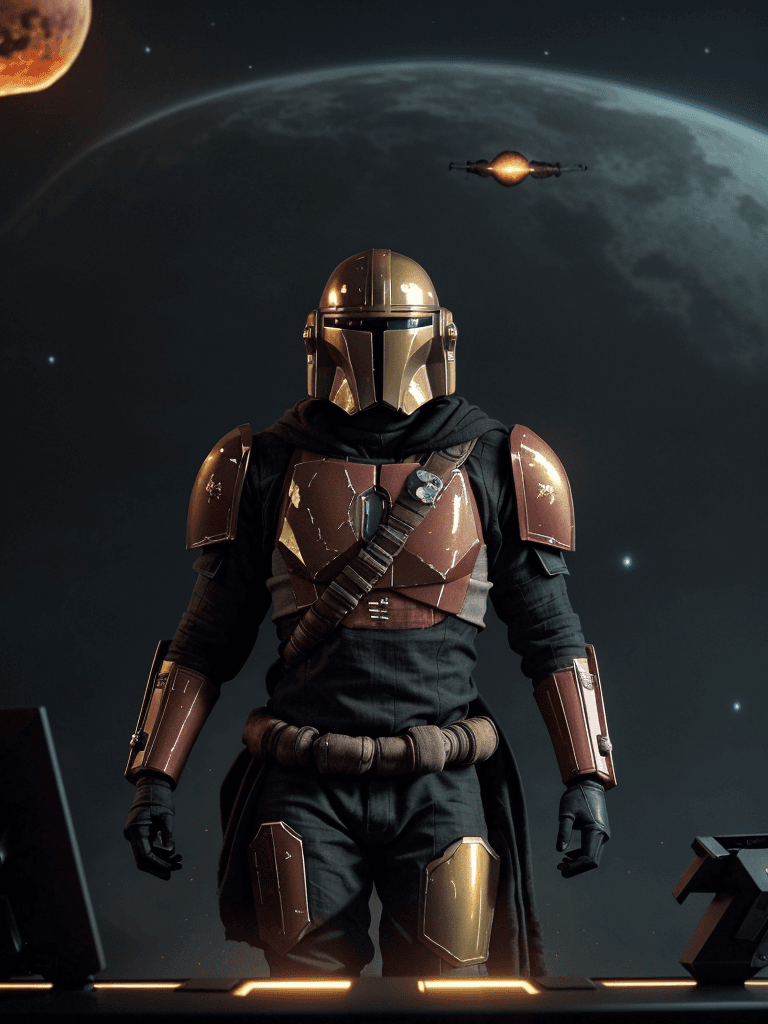 AI generated: A haunting scene of a mandalorian with a golden armor| golden armor(red glowing eyes:1.2)| in a rell...