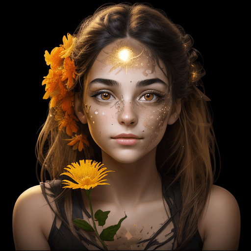 AI generated: beautiful young biohacker girl with flowers and a golden glow on her face on a black background
