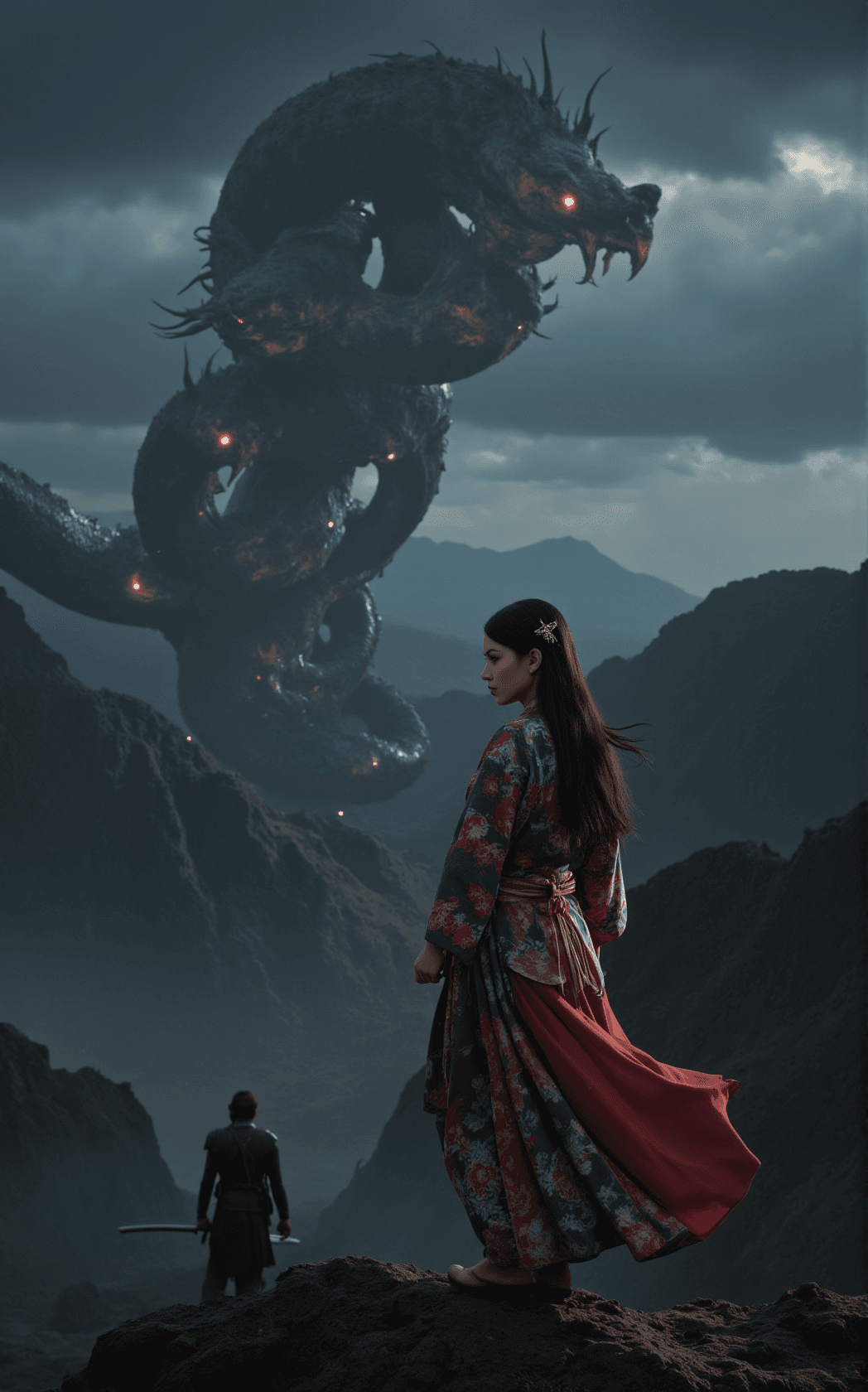 AI generated: In the heart of a dramatic scene, Kushinada, a brave and selfless maiden, stands resolute on a rugge...