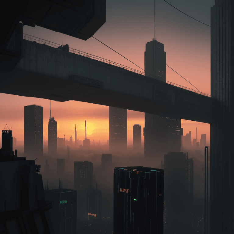 AI generated: A cyberpunk city scape at sunset in the style of JMW Turner. 