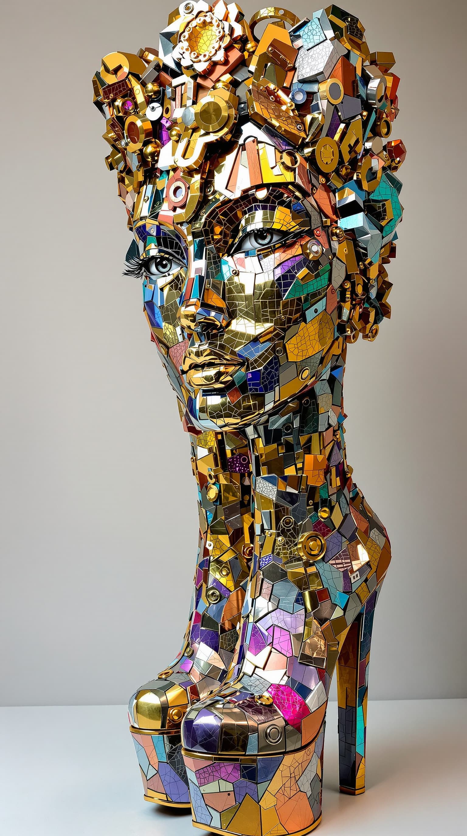AI generated: An exquisitely crafted abstract face sculpture gleams with vibrant colors of copper, platinum, gold,...