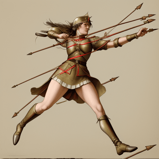 AI generated: Female Roman soldier falling backwards full of arrows
