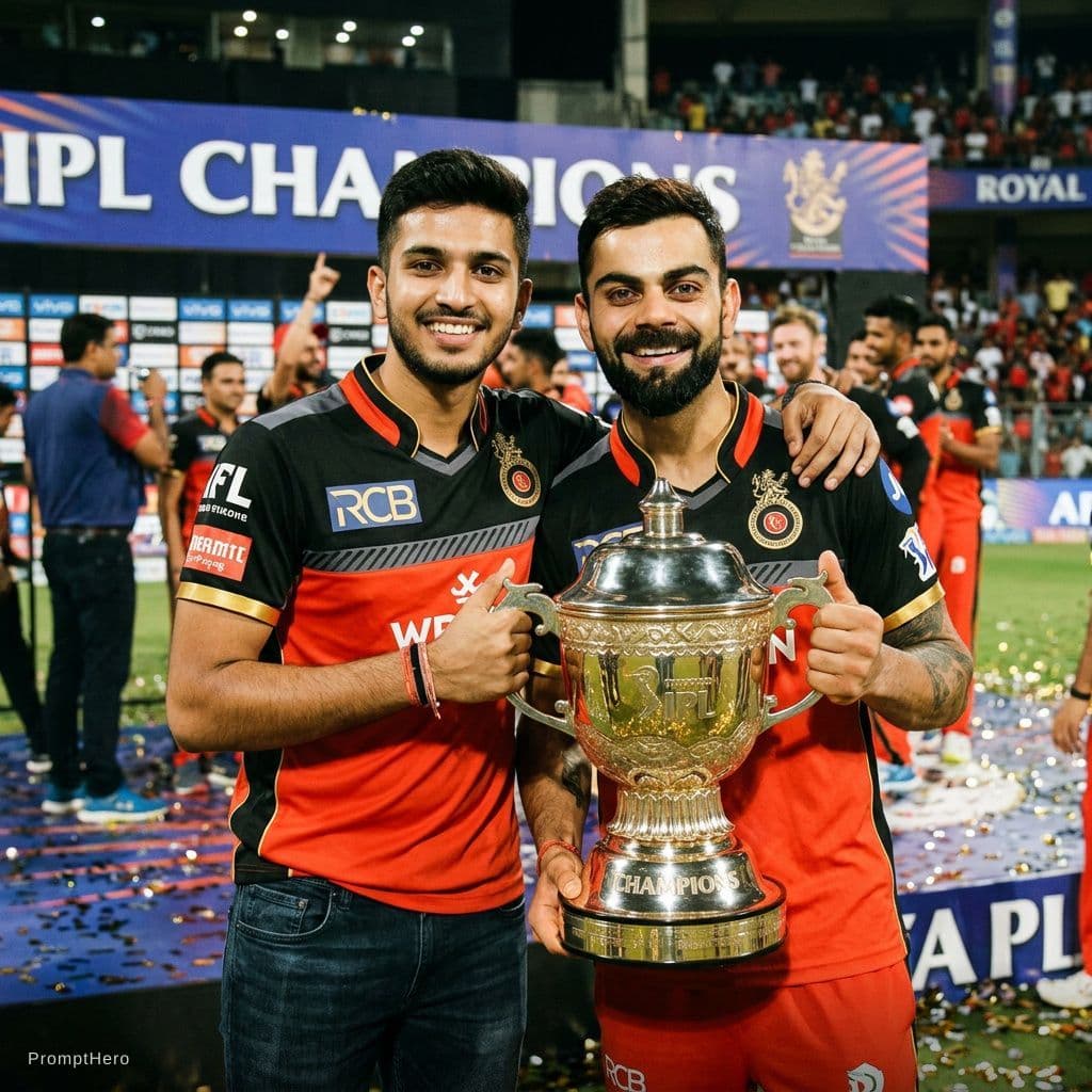 AI generated: Combine these two photos and make me to stand beside virat kohli with the ipl cup. Make virat giving...