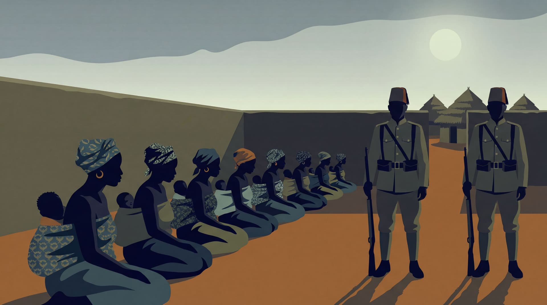 AI generated: Create in Malika Favre style. The women were tied in a line... many of them were carrying babies. Th...