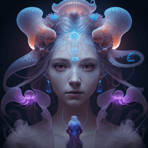 AI generated: Goddess close-up portrait ribcagel. jellyfish phoenix head, nautilus, orchid, skull, betta fish, bio...