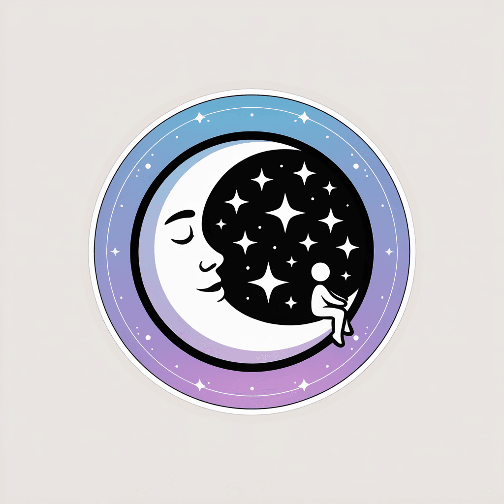 AI generated: "A minimalist sticker design featuring a crescent moon with tiny, glowing stars and a small figure s...