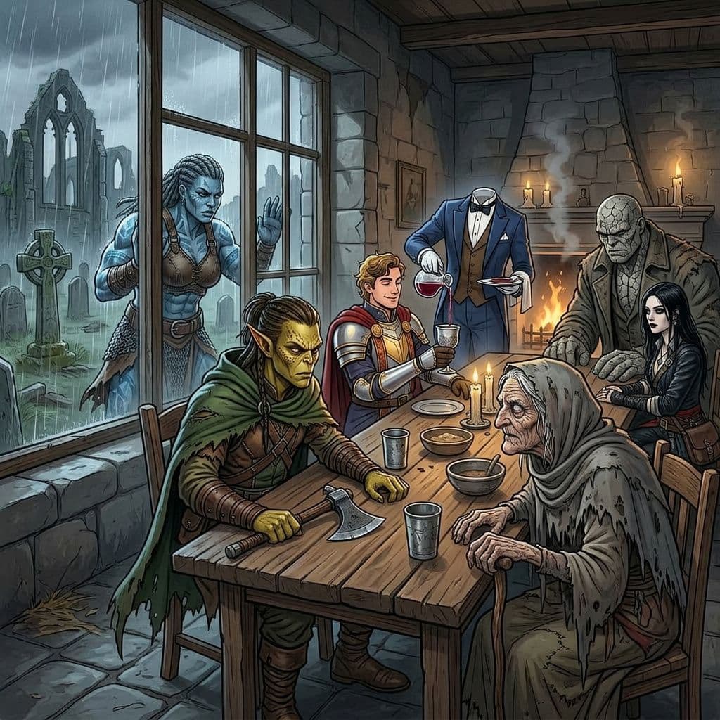 AI generated: a male githzerai ranger keeps an eye on an old blind hag as he sits at a table across from her, with...