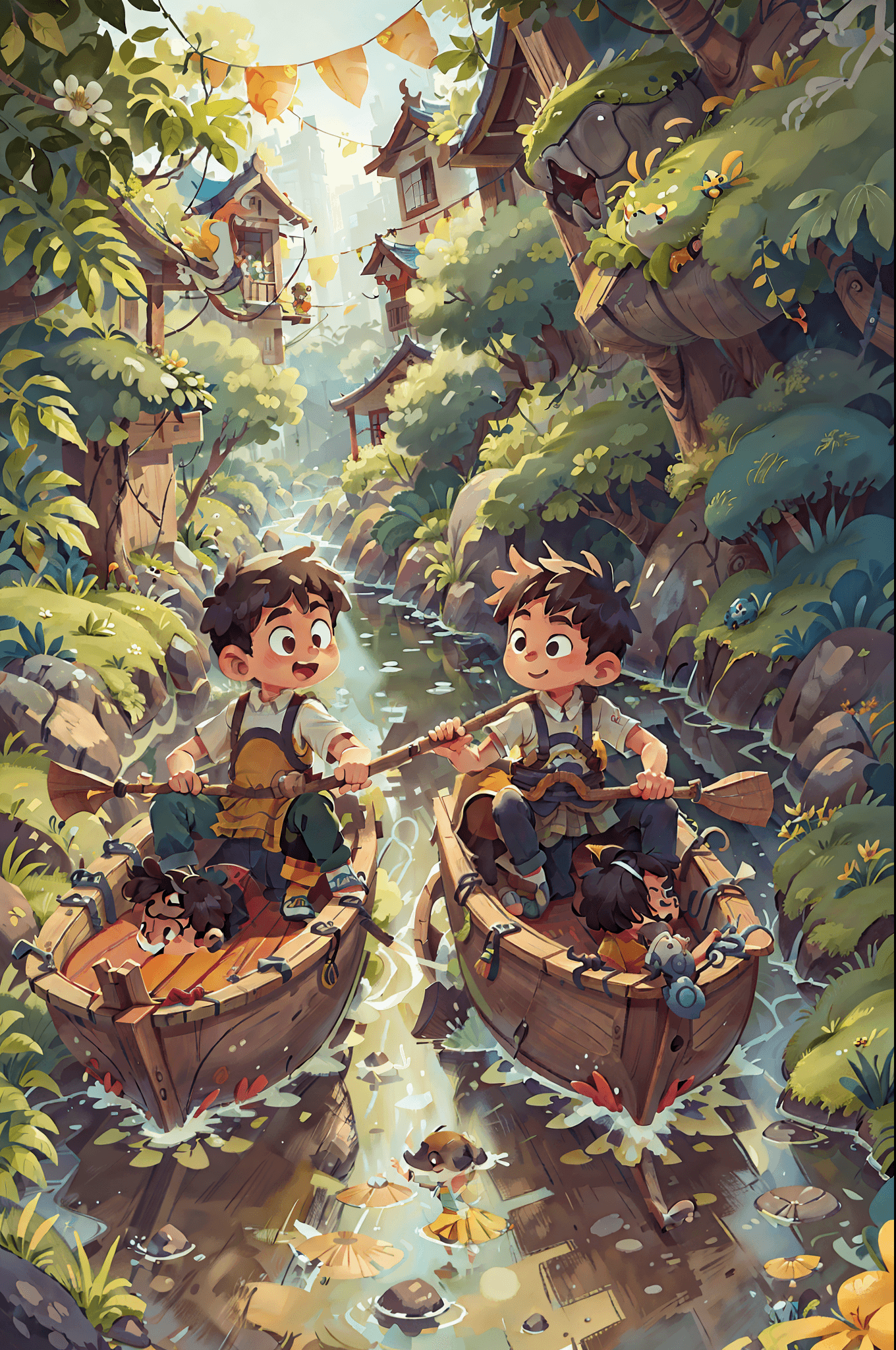 AI generated: Poster design, (SFW), two rowing boys, Chinese dragon, spring outing, happy, background is a small r...