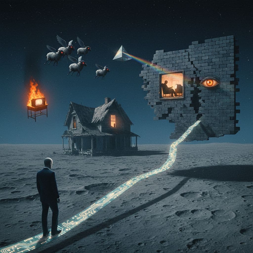 AI generated: A chaotic, surreal, and illogical scene inspired by Pink Floyd's '70s album art. In the foreground, ...