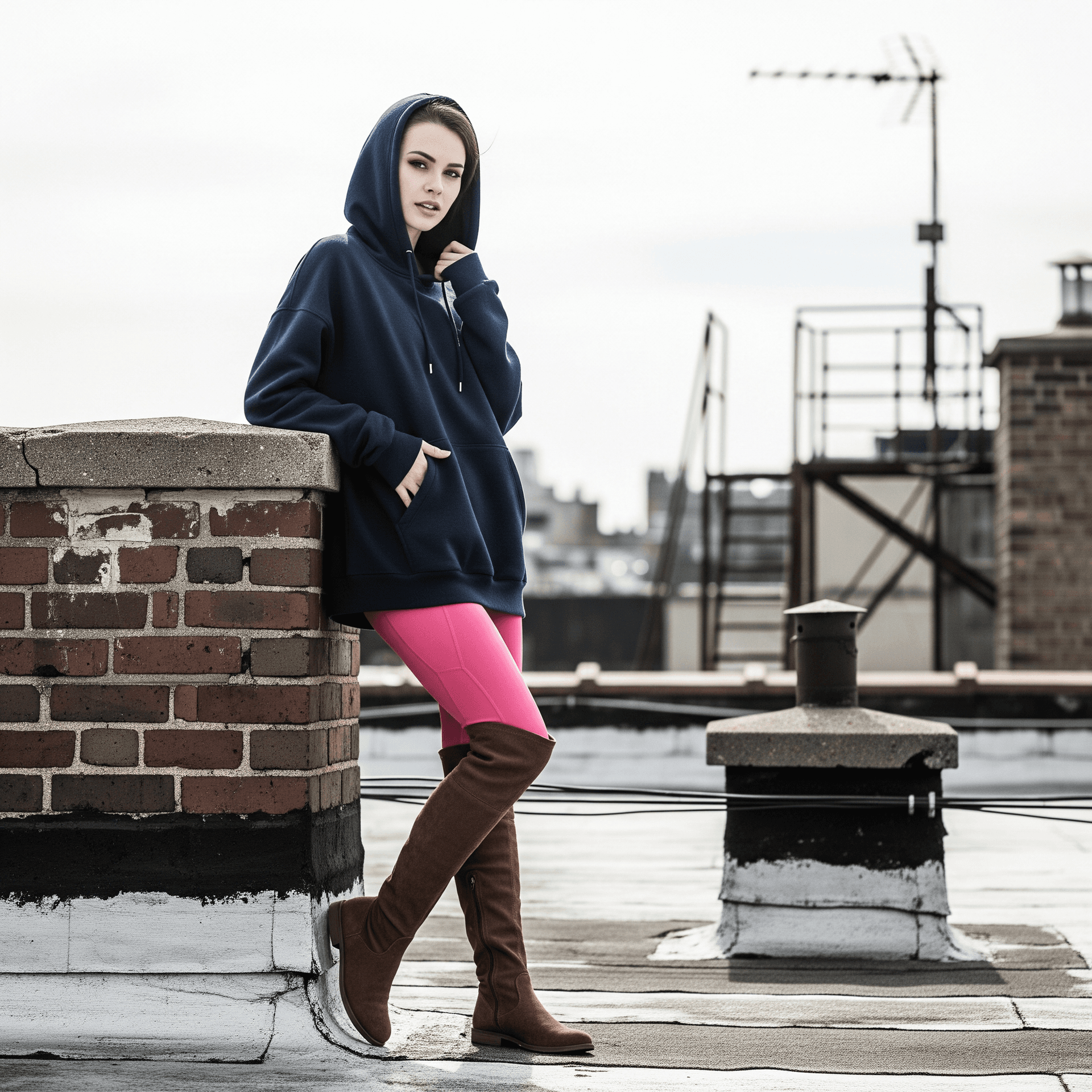 AI generated: Woman in an oversized navy hoodie, bright pink leggings, and brown suede boots, leaning against a br...