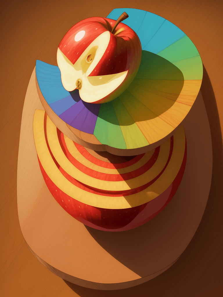 AI generated: stunning digital illustration of a whimsical illustration of an apple on wood table. Vibrant colors ...