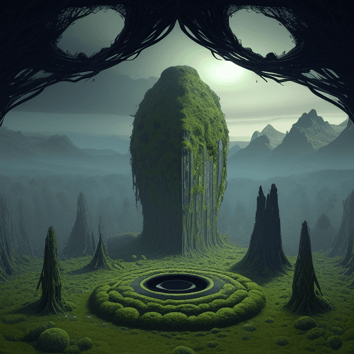 AI generated: a beautiful alien planet crater with a huge fractal monolith created from multiple concentric circle...