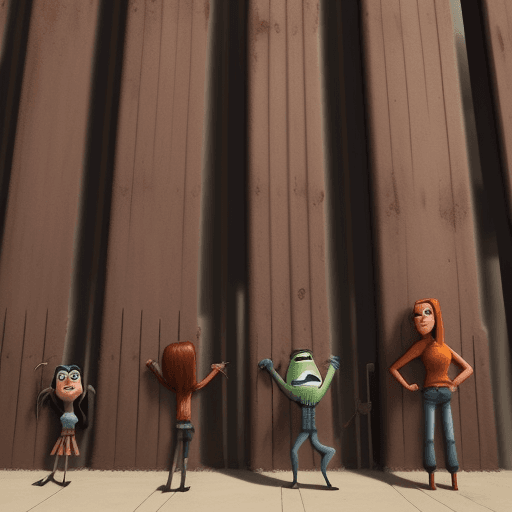 AI generated: I need a high-detailed pixar style cartoon of a long, tall rusty thick Iron slat wall with no gaps. ...