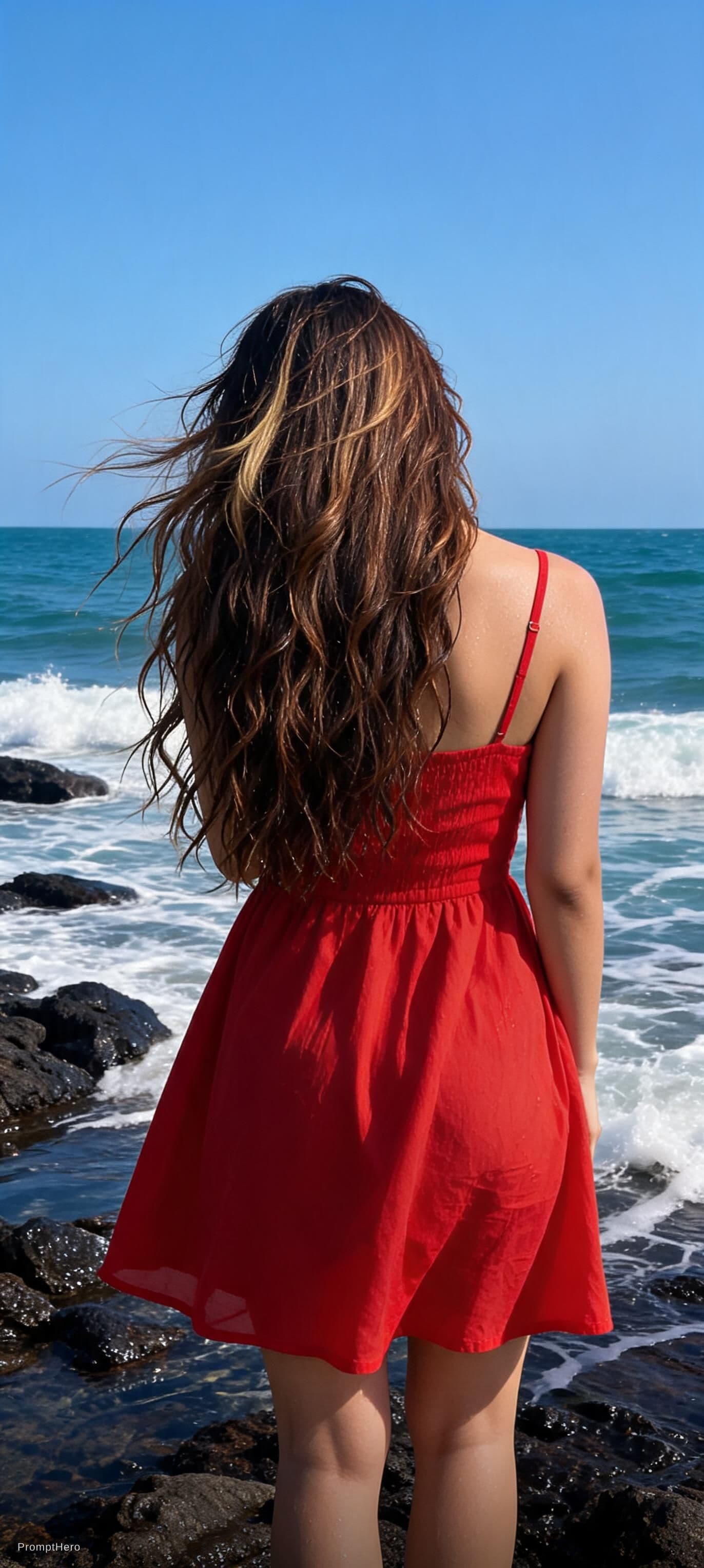 AI generated: A photorealistic, cinematic full-body shot of a woman from behind, standing on a rocky beach under a...