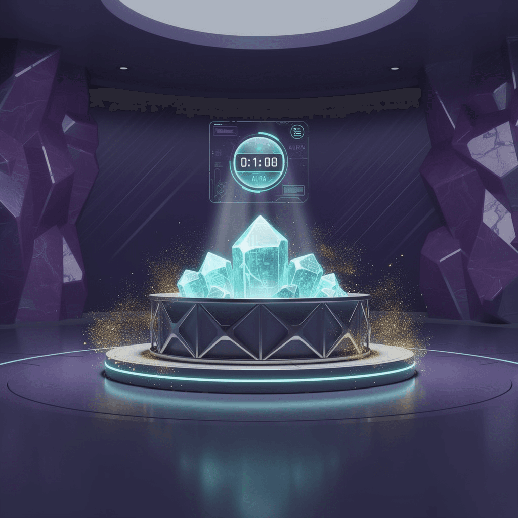 AI generated: secure energy vault, deep navy #151035 with purple crystalline walls, central 
platform with locked ...