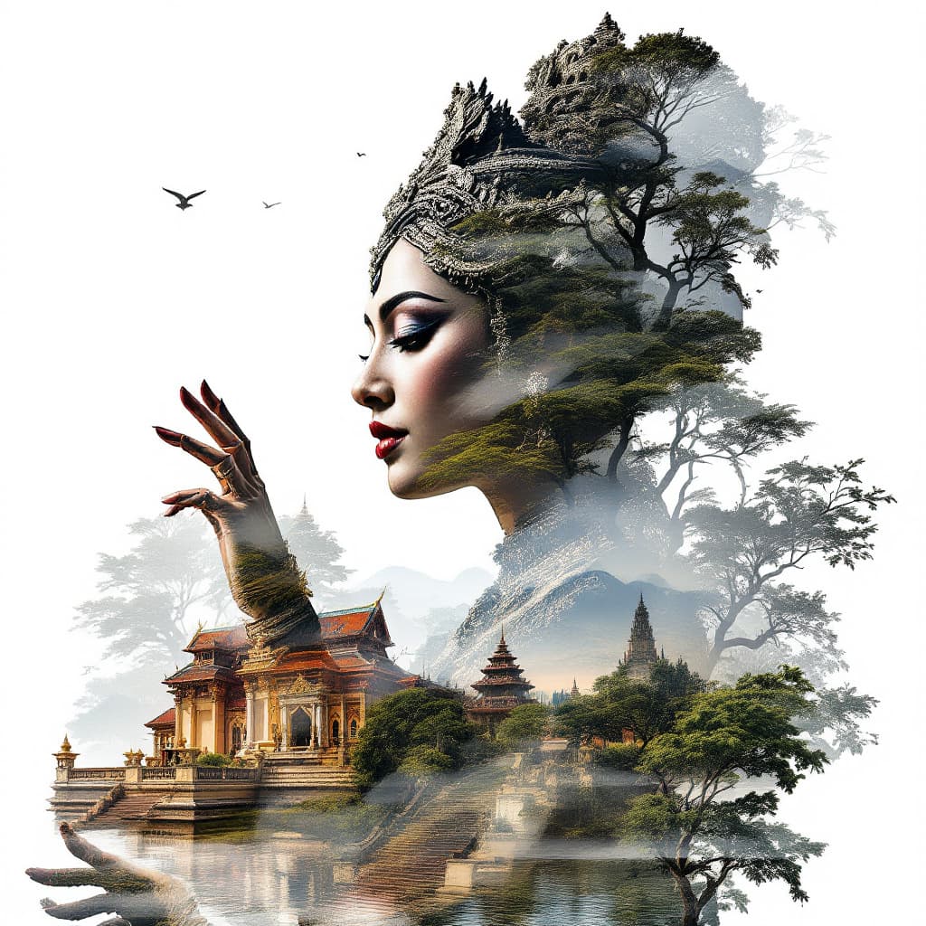 AI generated: "Intricate Elaborate Double Exposure :: transparent Cambodian Apsara Dancer :: white background :: K...