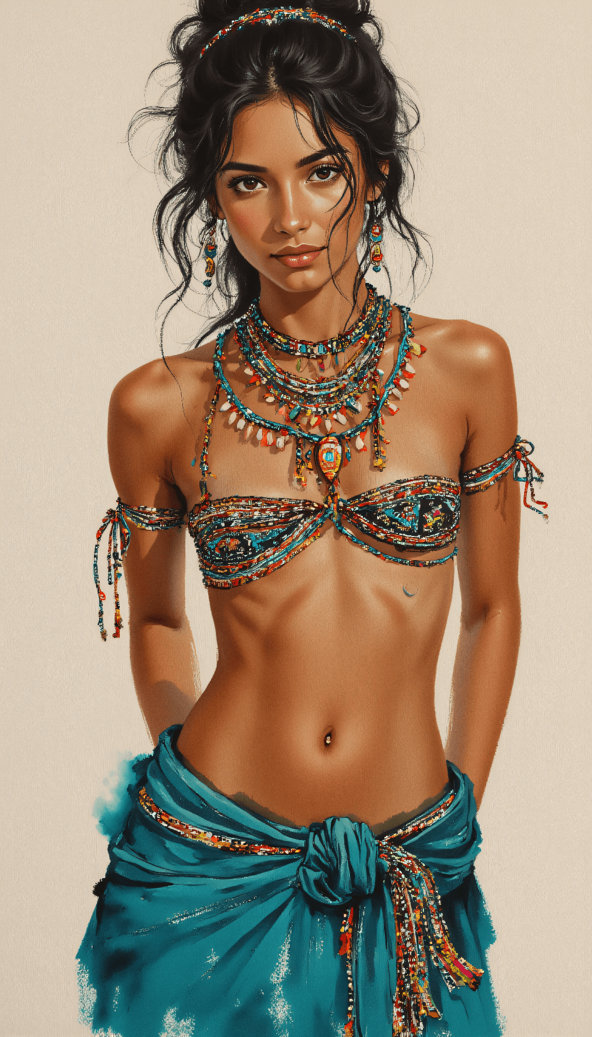 AI generated: Contemporary figurative artwork with mixed media texture of a strong woman, wearing a tribal-inspire...