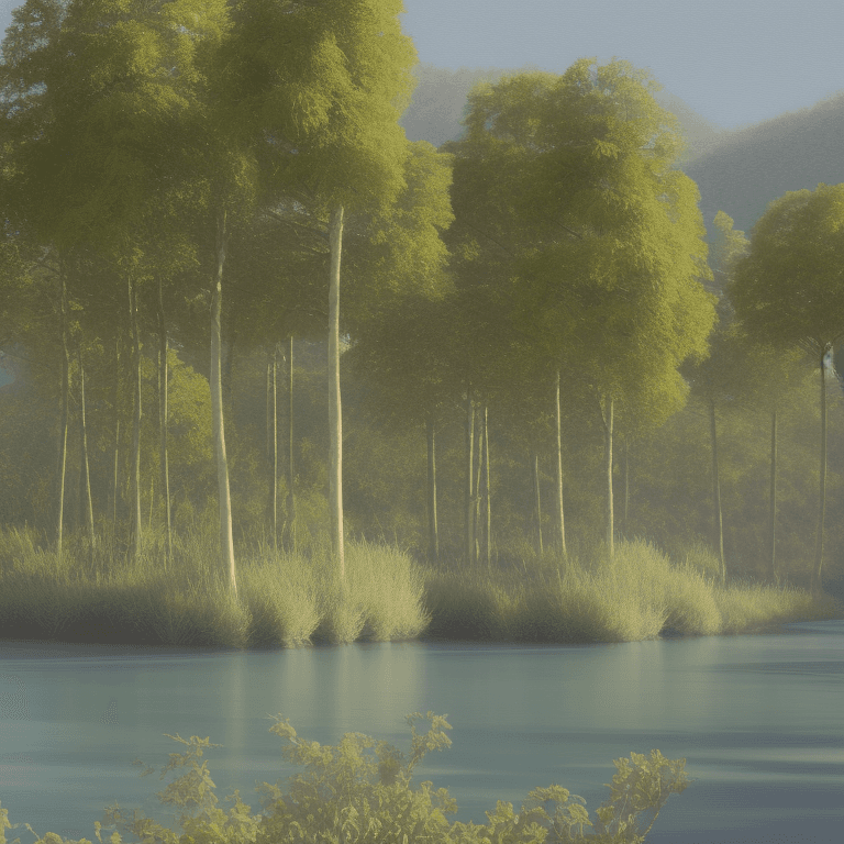 AI generated: photorealistic oil on canvas, 
trees by a river and hill,
beautiful setting, 
Foreground,
unreal eng...