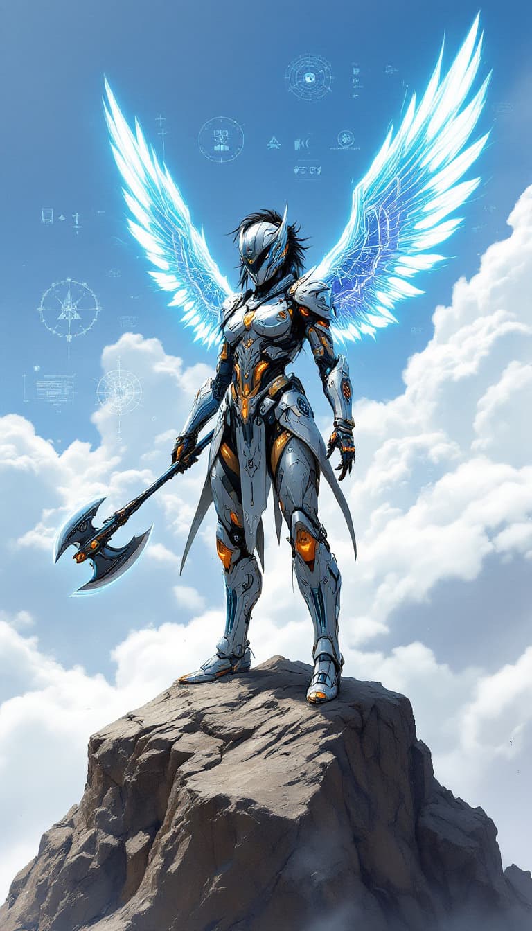 AI generated: Conceptual design: Cybernetic Valkyrie from the Shieldmaidens. This powerful graffiti-punk digital w...
