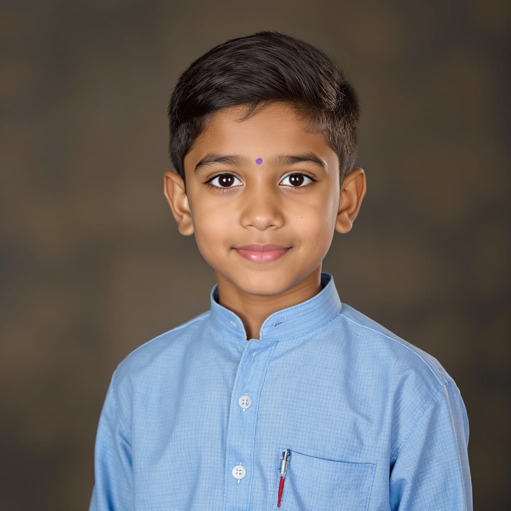 AI generated: A cheerful Indian teenage boy, around 13–15 years old, medium brown skin, expressive eyes, short nea...