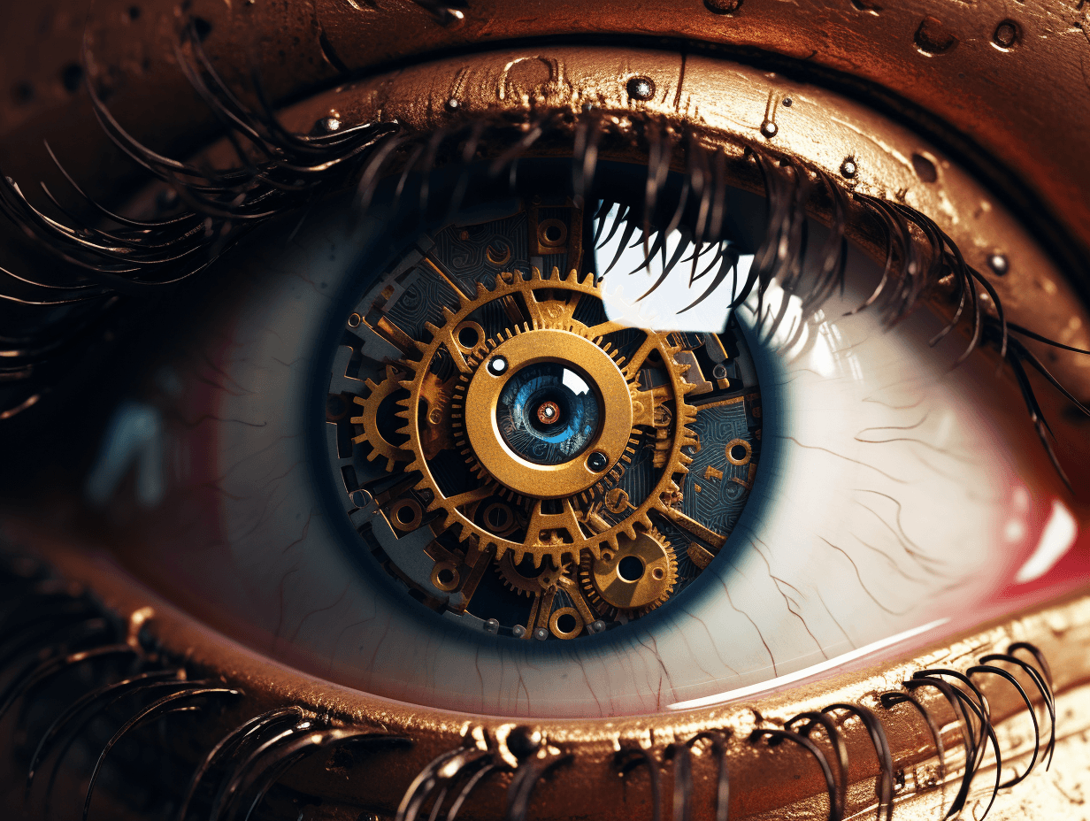 AI generated: the eye of a woman is covered in old clockwork, in the style of multidimensional imagery, daz3d, pre...