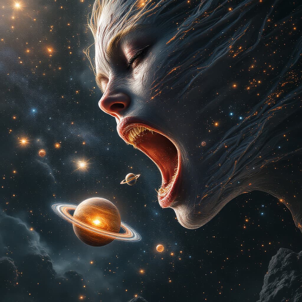 AI generated: enormous giantess bigger than a galaxy floating in space, minuscule galaxy in front of her mouth, ex...