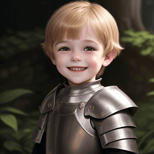 AI generated: young boy, 4 year old, dark brown eyes, very round face, straight hanging honey blond hair, short jo...