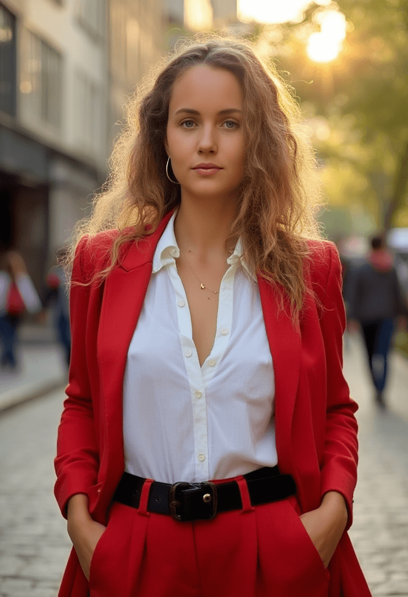 AI generated: A fit adult woman stands in a bustling city street bathed in warm golden hour sunlight. Her volumino...