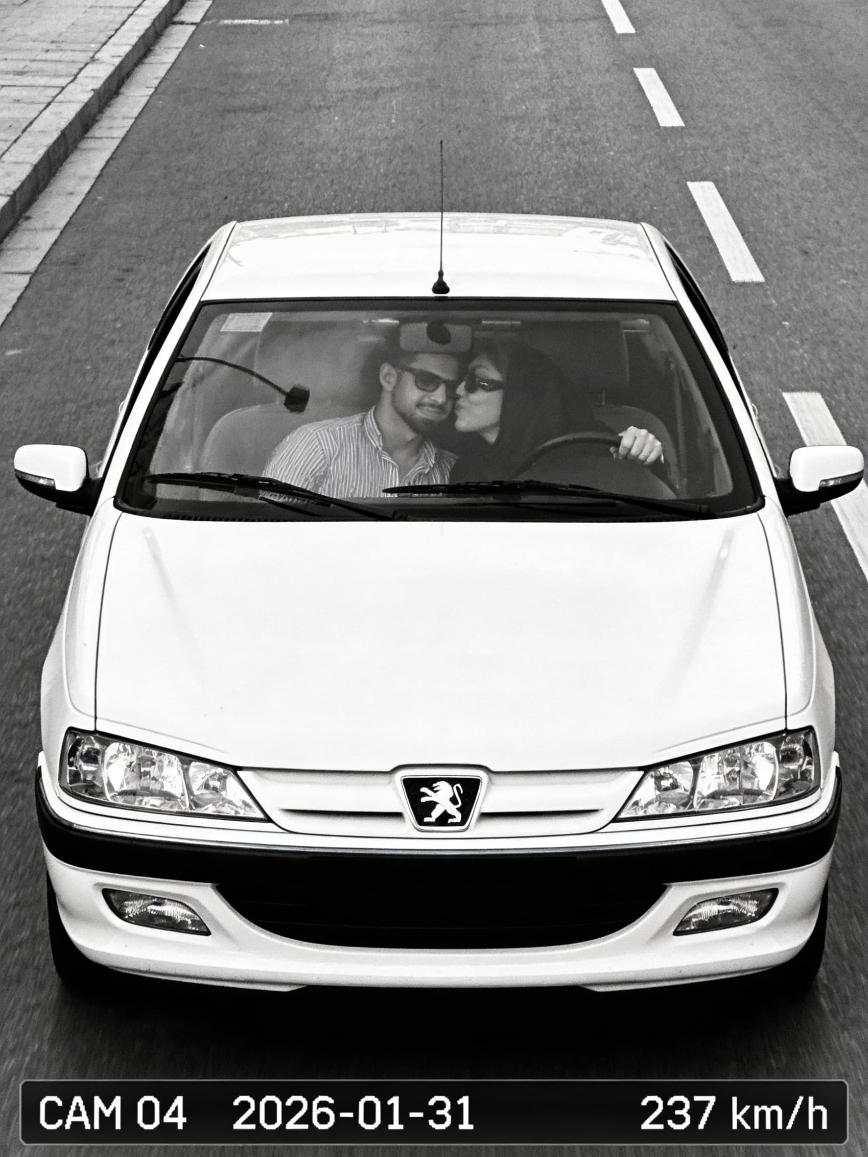 AI generated: Black-and-white photorealistic street shot in the style of a traffic surveillance camera. View stric...