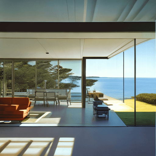 AI generated: Hyper realistic eye level exterior photo of a mid century modern style house overlooking the ocean, ...