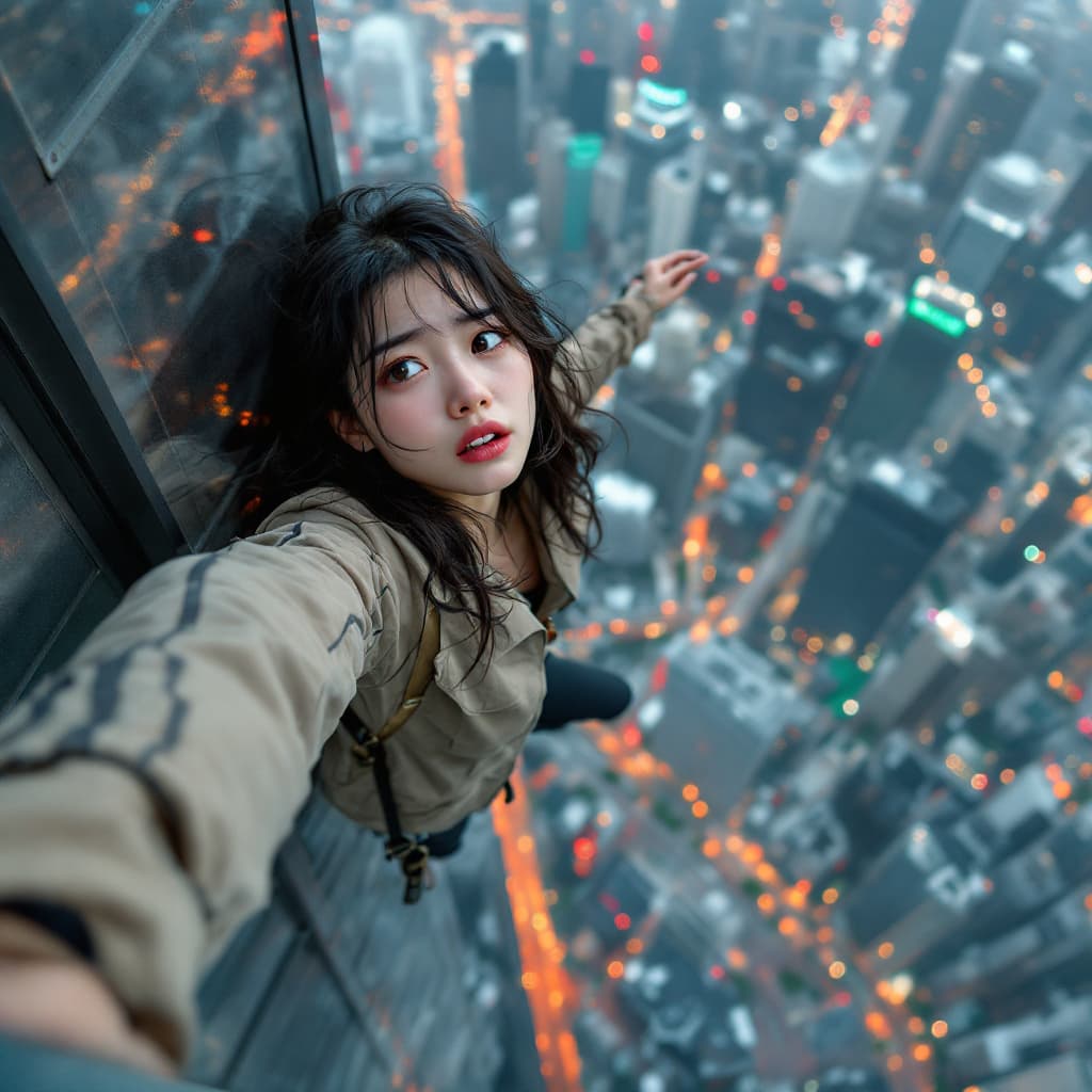 AI generated: Acrophobia composition, a worried Japanese pretty female hangs from the roof of a skyscraper, clingi...