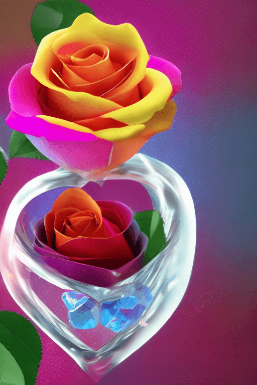 AI generated: A small multi-colored rose is inside a glass heart shape (Ultrarealistic photo style UHD 4k format)