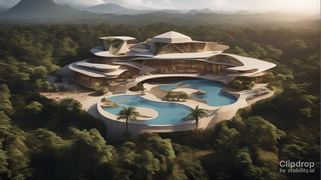 AI generated: a magnificent modern ecotourism site with a design of the peoples of Cameroon, swimming pools and be...