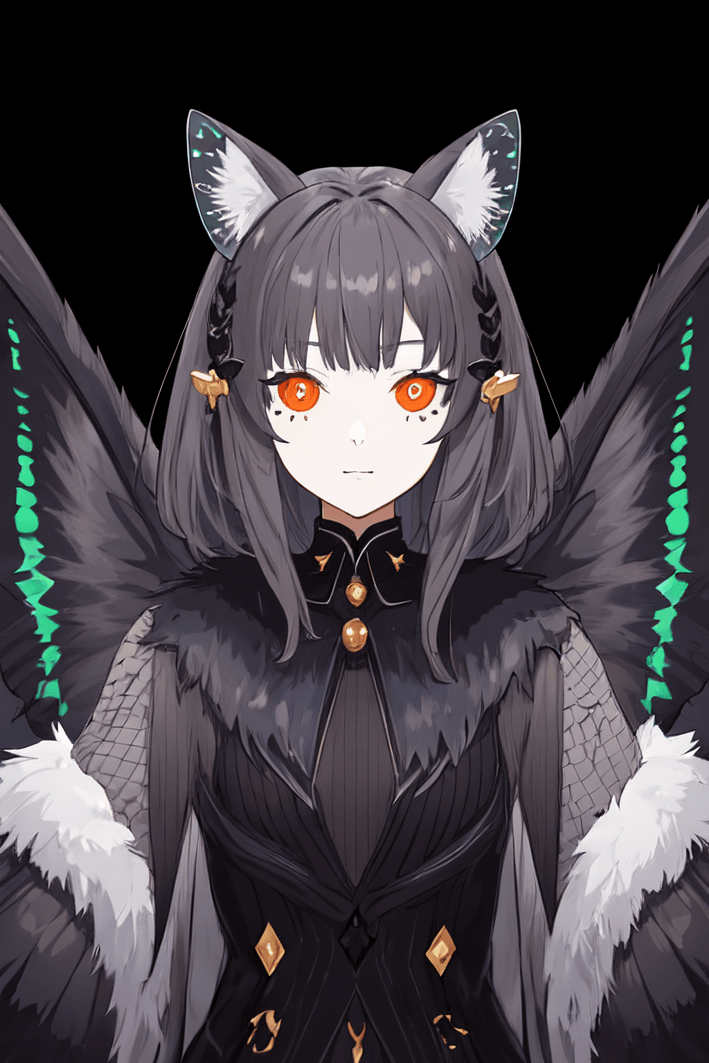 AI generated: moth girl, arthropod girl, moth antennae, moth wings, black sclera, fur trim, fur collar